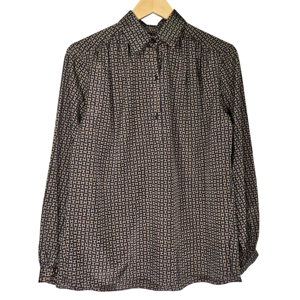 Halston III Vintage 80s Monogram Logo Blouse Brown Black Long Sleeve Top‎ Size 8
